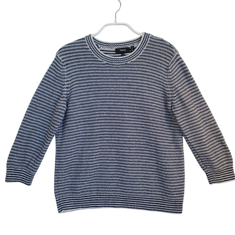 Theory Sweater Navy Blue White‎ Crew Neck Pullover Cotton Womens Medium